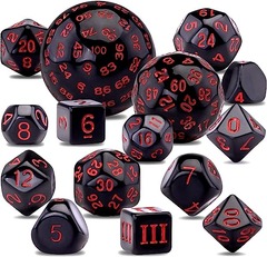 15 Pieces Complete Polyhedral Dice Set D3-D100 (Black & Red)